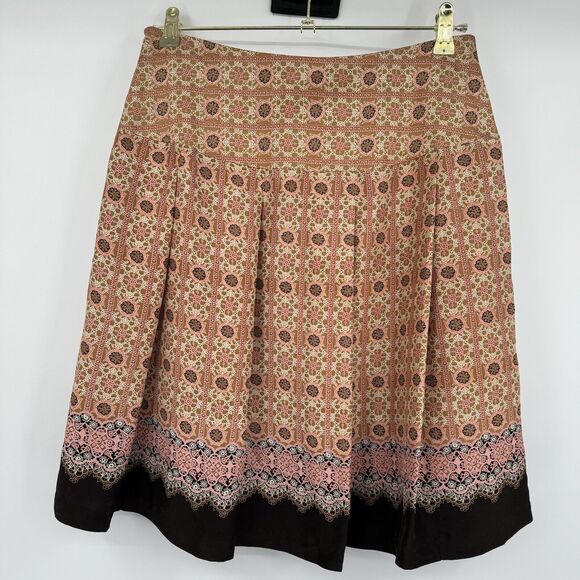 Tapemeasure Silk Pleated Skirt Size 4 Brown High Waisted A-Line Geometric Preppy - Picture 2 of 11